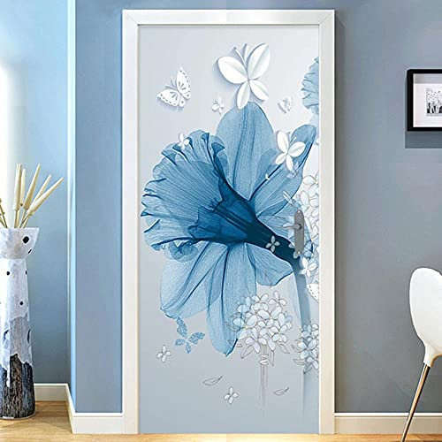 Türtapete Selbstklebend 95X210 Blaue Blumen Türtapete Selbstklebend Türposter Fototapete Türfolie Poster Tapete 3D Türaufkleber Diy Türbild