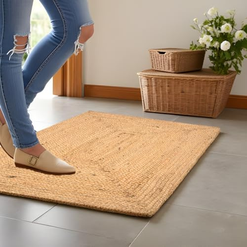 Ragmatta i jutebomull 61 x 91 cm | handvävd matta och vändbar matta | vardagsrumsmattor | köksmattor | jutesäckväv bomull trasmatta 61 x 91 cm | rustik matta | matta med naturligt utseende | löparmattor