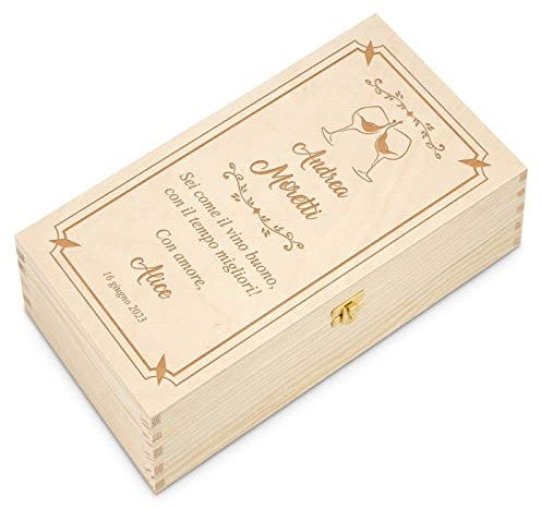 Maverton Porta Bottiglie di Vino Personalizzato - per 2 Bottiglie di Vino da 0,7 l - Scatola in Legno di Pino - 10x20x35 cm - Colore Naturale - Incisione Laser - per uomo - Brindisi