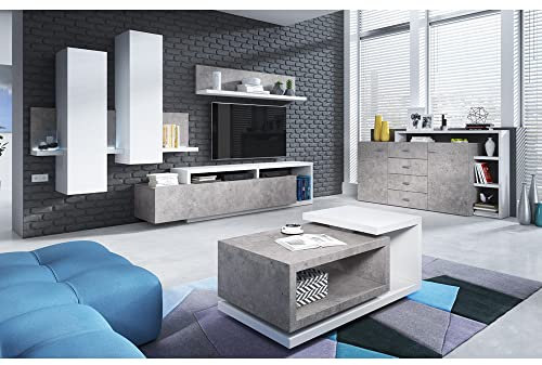 Lomadox Wohnwand inkl. Sideboard Couchtisch und LED Beleuchtung in Beton Optik mit Absetzungen in weiß, B/H/T: ca. 300/200/45 cm