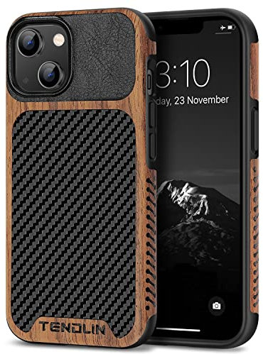 TENDLIN Compatible with iPhone 14 Case Wood Grain with Carbon Fiber Texture Design Leather Hybrid Slim Case Black