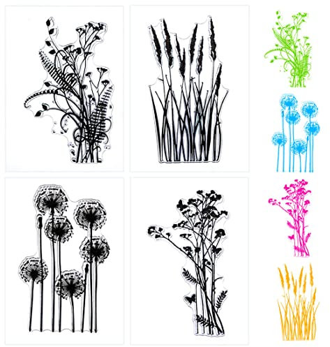 Set di 4 Trasparenti Timbri in Silicone, Timbro Scrapbooking con Dente di Leone, Fiori, Foglie Lavanda, per scrapbooking, Decorare Biglietti, Album Fotografico, Diario, Artigianato, Fai da te