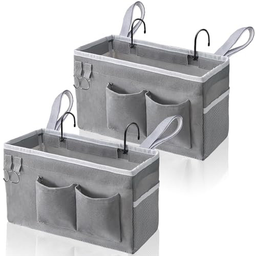 Kanrichu 2pcs Bedside Caddy Hanging Storage Bag, Water Cup Holders, Organizer Baskets with Pockets for Bunk Bed Shelf, Hospital Beds, Loft & Dorm Rooms Accessories (Bedside bag-Grey)