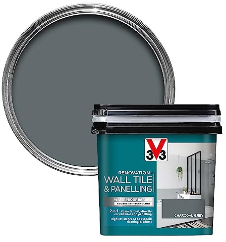 V33 Renovation Wall Tile & Panelling Paint - No Undercoat Needed - For High Moisture Surfaces - Resistant To Temperature Variations - Charcoal Grey 750ml