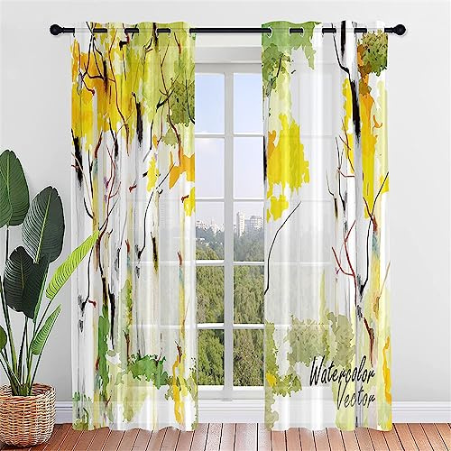 Hiseng Voile Vorhänge mit Ösen Durchsichtig Halbtransparent Ösenvorhang für Fenster Wohnzimmer Schlafzimmer Herbst Moderne Transparent Gardine 2er Set (132x182cm,Tintengraffiti)