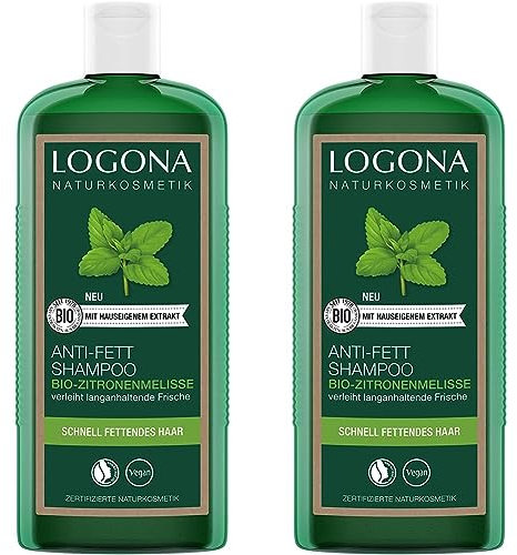LOGONA Naturkosmetik Anti-Fett Shampoo für natürlich gesundes Haar, Geeignet für schnell fettendes Haar, Haarshampoo mit veganer Formel aus Bio Zitronenmelisse, 1 x 250 ml (Packung mit 2)