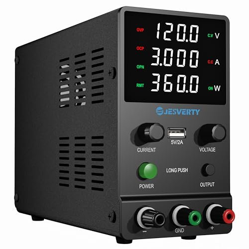Fuente de alimentación CC Variable, 0~120V 0~3A Fuente de alimentación de Banco Ajustable con Perilla codificadora, Control de Salida, Pantalla LED de 4 dígitos de Alta precisión, Puerto USB 5V/2A