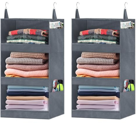 Aeeteek Schrank-Organizer und Aufbewahrung, zusammenklappbar, 3 Fächer, Hängeschrankregale mit 4 Seitentaschen, 61 x 30,5 x 30,5 cm, Kleider-Aufbewahrungstasche für Schrank, Wohnmobil, Schlafsaal