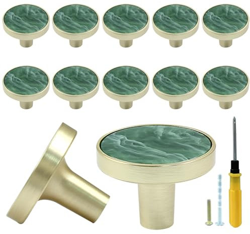 Bonsicoky Lot de 12 boutons ronds dorés pour tiroirs de commode, armoire de cuisine, porte, meubles décoratifs, vert