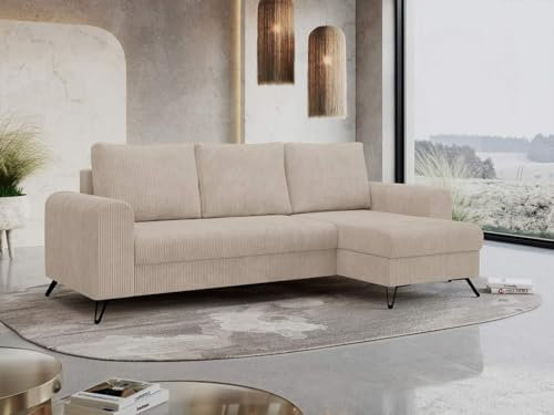 MKS MEBLE Cord Ecksofa - L-Form Cord Sofa mit Schlaffunktion - Wohnlandschaft L Form, Ecksofa mit Schlaffunktion und Bettkasten, Schlafsofa mit Bettkasten, Couch mit Schlaffunktion - Beige Hugo