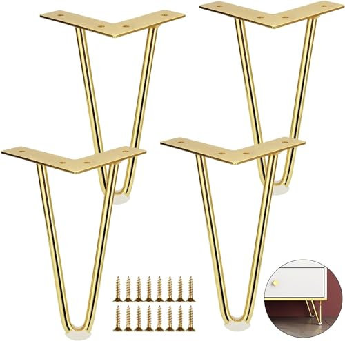 FWEEK 4 pièces Pieds de Table épingle à Cheveux Or, 20cm Pieds de Meuble épingle à Cheveux Or, DIY Pieds de Table métal Hairpin Legs avec Protection de Sol & vis pour canapé, Bureau, Table de Nuit