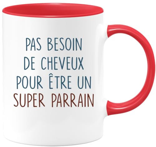 quotedazur Café-Croissant - Mug Personnalisé Humour Annonce Tasse Pas Besoin De Cheveux Pour Être Un Super Parrain - Cadeau Noël Original Futur Parrain Chauve - Rouge/Céramique