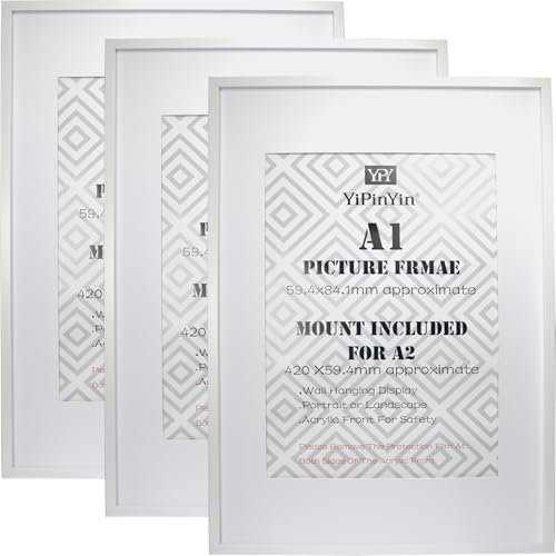Bilderrahmen, A1 (59,4 x 84,1 cm), mit Passepartout für A2-Fotos, elegante Wandgalerie-Rahmen für Zuhause, Schlafzimmer, Wohnzimmer, Büro und Hotel, Weiß, 3 Stück