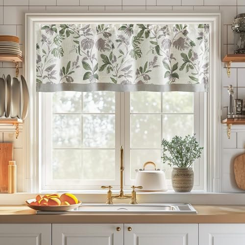 TOPICK Leinen Scheibengardinen Blickdicht Küchengardinen Grün Frühling Tropischen Blatt Gardinen Landhausstil Verdunkelnd Vorhänge Kurz Bistrogardine Volant 1er Pack Grün auf Beige 45B x 125H(cm)