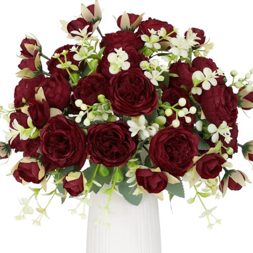 Floweroyal 4 Bündel Pfingstrose Künstliche Blumen Weinrot Blumen Seidenpfingstrosen Blumensträuße für Hochzeit Partei Tischaufsätze Blumenarrangement Heim Küche Dekor