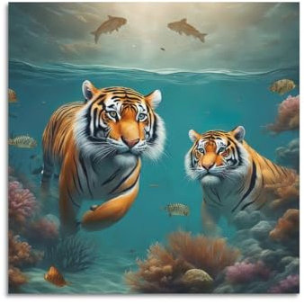 FYUER Wildtier-Kunstwerk-Poster, zwei Tiger im Wasser, dekoratives Gemälde, Leinwand, Wandkunstwerk, Bild, 50 x 50 cm