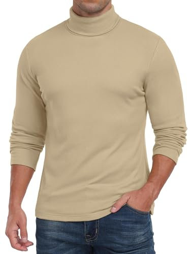 QIXING Mens Long Sleeve Thermal Underwear Tops Turtleneck Thermal Winter Warm Shirts for Mens Basic Layer Tops(Khaki, XL)