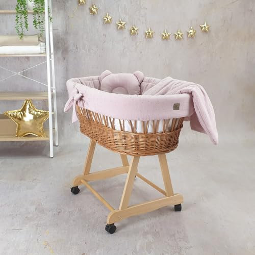 Stubenwagen, Bollerwagen AMELIA, braun mit Gestell, Matratze und Bettwäsche| Leisen Rädern, Tragbares Bett für Säuglinge/Neugeborene (Fliederfarbe GOLD)