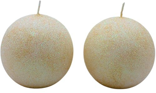 Dekohelden24 Hochwertige Handgemachte Glitterkerze, Dekokerze, Glitzerkerze, Tischkerze als Kugel - Kugelkerze im 2er Set in Creme, Lieferumfang 2 Kerzen, Größe L/B/H: ca. 8 x 8 x 8 cm.