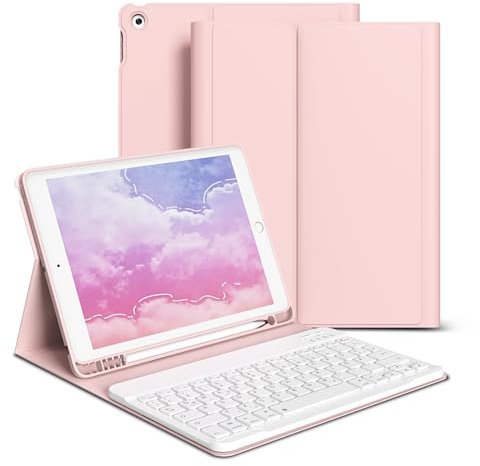 GKABXY Étui avec Clavier pour iPad 9ème Génération/iPad 8ème Génération/iPad 7ème Génération (2021/20202019) 10,2 Pouces Étui avec Porte-Crayon, Clavier Magnétique Amovible Bluetooth, Rose