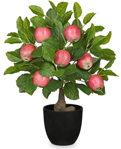 Künstliche Pflanze Deko Apfelbaum, 40cm Plastik Pflanze im Topf, Kunstpflanzen Wie Echt, Apfelpflanzen Künstlich mit Apfelzweig und Früchte Zimmerpflanzen für Home Decor Wohnzimmer Küche Büro