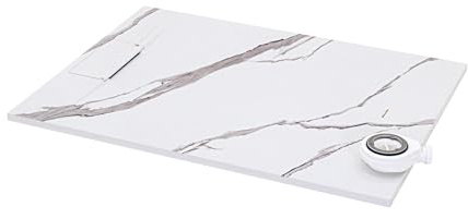 Moments of Glass SMC Duschwanne POLAR 80x120 cm – extra flache Duschtasse (26 mm), rutschfeste schieferartige Oberfläche, inkl. Ablaufgarnitur mit Deckel, Farbe: Marmor - Carrara