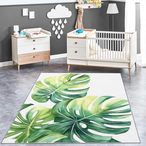Teppich Wohnzimmer Aquarell Blatt Monstera Kurzflor Teppich Schlafzimmer Pflegeleicht und Extra Weich 180 x 250 cm Küche Esszimmer Kinderzimmer Grün