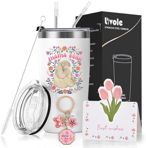 Livole Mother s Day Gifts for Mum, Mummy, Women, Mom, Mama Bear Coffee Mug, Mum Gifts for Christmas Birthday, Mummy Mug, Mum Key Ring, Greeting Card for Mum, 20oz 600ml Insulated Vacuum Wine Tumbler