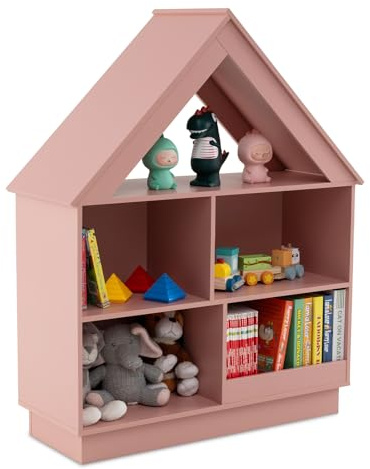 GOPLUS Bibliothèque Enfant à 3 Niveaux, Meuble de Rangement Enfant en Forme de Maison avec 5 Étagères Ouvertes, Kit Anti-Basculement, Charge 110KG, pour Chambre Salon (Rose)