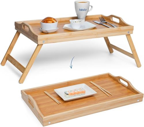 Pack of 2 Bamboo Bed Tray Table with Foldable Legs & Handles, 50 X 30 X 23.5cm Multipurpose Laptray Breakfast | Non Slip Folding Wooden Serving Tray