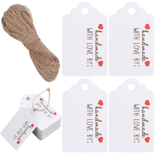 SOFPLATE 150 Stück Geschenkanhänger Beschreibbare Geschenkanhänger 5 x 3cm Weiß „Handmade With Love“ Anhänger Mit 20 m Jutekordel Herzkarten Geschenketiketten Für Valentinstagsgeschenke Partygeschenk