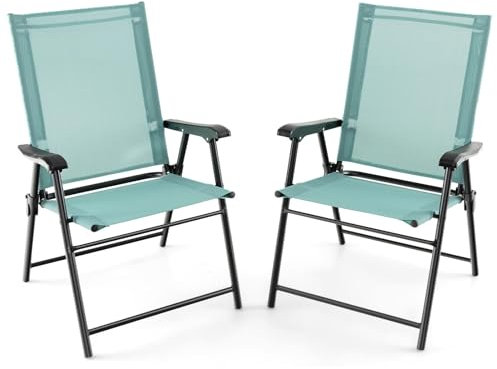 GIANTEX 2er Set Gartenstuhl klappbar, Klappstuhl Balkonstuhl, Terrassenstuhl mit hohen Rücken- & Armlehne, Garten Essstuhl wetterfest aus Metall & Textil, bis 150 kg belastbar (2, Minzgrün)