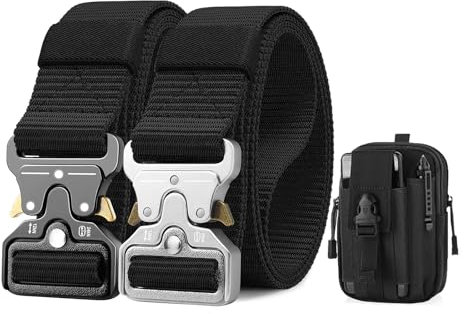 BESTKEE Taktischer Gürtel für Herren, 3,8 cm, robuster Gürtel, Nylon, Militärgürtel mit Schnellverschluss-Metallschnalle, Geschenk mit taktischer Molle-Tasche, A-Schwarz + Silber, For waist 36-42