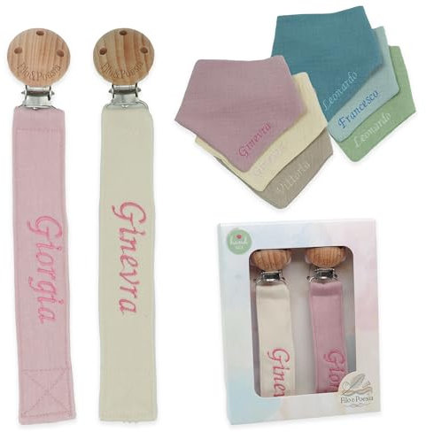 Filo e Poesia Catenella Portaciuccio Con Nome, Personalizzato con nome ricamato, tanti modelli e colori Portaciuccio da poter scegliere, ottima idea regalo per Baby Shower (Rosa-Beige + Bavaglino)