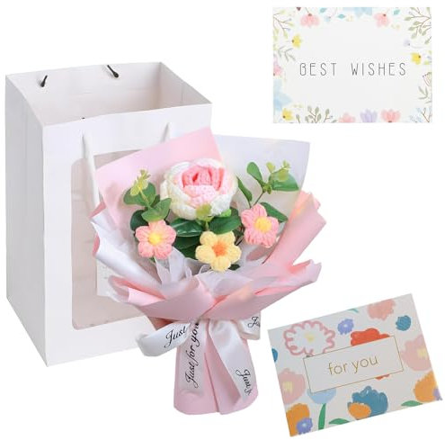 Crochet Flower Bouquet, Crochet Flowers Knitted Flowers Handmade Roses for Women Birthday Home Decoration Mother's Day Valentine's Day Romantic Gift for Women On Anniversary (Pink)