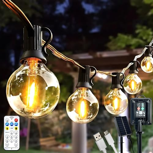 Lumiled Solar Lichterkette für Außen 20 + 2 Ersatzbirnen x G40 LED 10,55 M mit Fernbedienung Solarlichterkette Garten Außenlichterkette Solarleuchte IP44 Warmweiß 2700K Glühbirnen 8 Betriebsarten