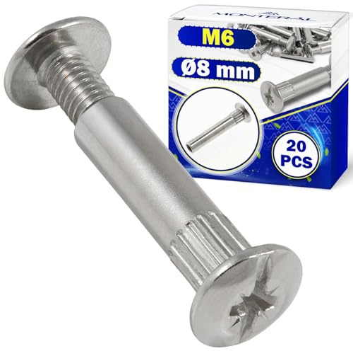 20 Piezas Tornillo Union Muebles de Conexión M6 Ø8 mm - Tornillos para Canape para Montaje de Muebles Empotrados y Modulares - de Acero con Revestimiento Cromado - MONTERAL
