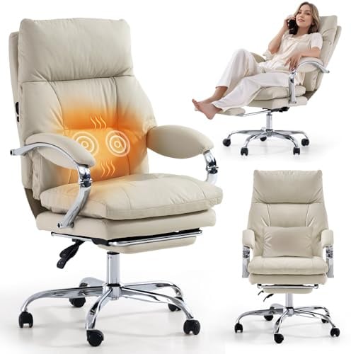 EMIAH Bürostuhl mit Fußstütze Schreibtischstuhl mit Wärme und Massage Beige | Ergonomischer Chefsessel mit Gekreuzten Beinen und Armlehnen, Bequemer Computer Stuhl mit Rollen Verdicktem Kissen, PU Leder