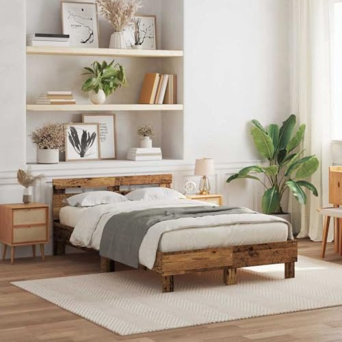 Owoxanthellate Bettgestell Altholz 120x190 cm mit LED & USB kleines Doppelbett modernes Holzbett komplett für Jugendzimmer Gästezimmer Wohnung