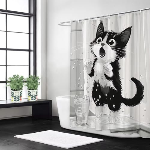 Rideau de Douche 90x200 cm Dessin animé, Rideau de Baignoire en Tissu Imperméable & Anti-Moisissure, Lavable en Machine avec Ourlet Lesté, avec 12 Crochets pour Salle de Bain et Douche, Chat, L#13