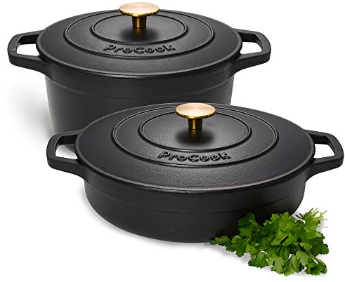 ProCook Black Cast Iron Round Casserole Dish with Self Basting Lid Enamel Coated Induction & Oven Safe Modern Cookware - 24/28 cm, 4.7/3.9 L
