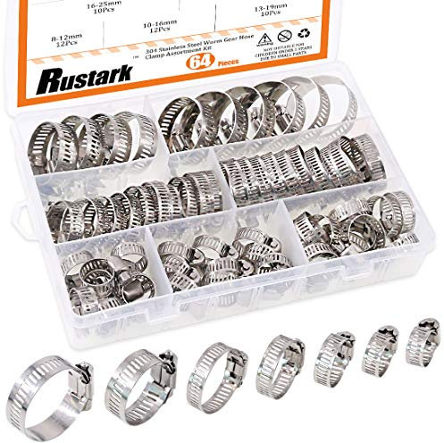 Rustark 64-Pcs Adjustable 8 to 38mm Range Worm Gear Hose Clamp Fuel Line Clips Clamps Assortment Kit - 304 Stainless Steel