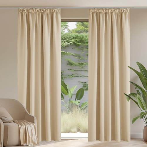 PONY DANCE Übergardinen mit Kräuselband Thermo Vorhang Hitzeschutz 2er Set H 220 x B 140 cm Blickdichte Gardinen Wohnzimmer Verdunkelungsvorhang für Schiene, Biscotti Beige
