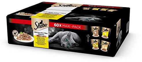 Sheba Auswahl in Sauce, Huhn, Truthahn, Ente und Geflügel, Nassfutter für ausgewachsene Katzen, 60 Beutel à 85 g