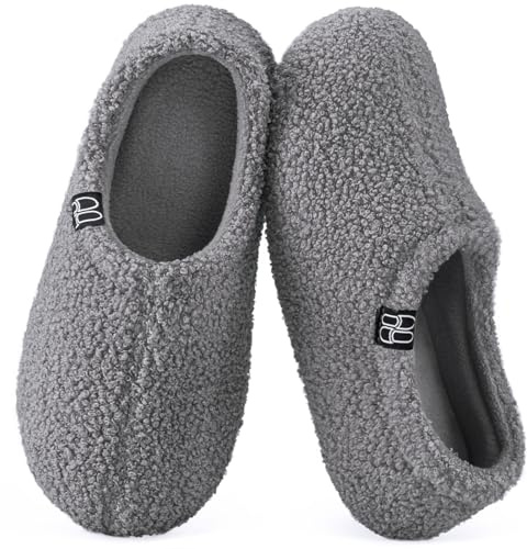 HomeTop Women's Fuzzy Curly Fur Memory Foam Loafer Slippers Bedroom House Shoes with Polar Fleece Lining (7-8, Grey)