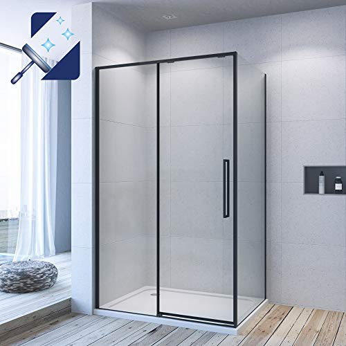 AQUABATOS® 120x90cm Eckduschkabine schwarz matt Schiebetür und Seitenwand Duschkabine Eckeinstieg SlimLine Design Gleittür Seiteneinstieg Duschwand Glas 8 mm Nanoglas Lotus Effekt Beschichtung