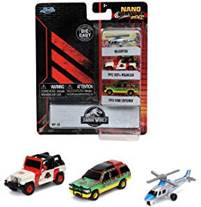 Jada Toys 253251012 Jurassic Park 3er Set A Nano Sammelautos, 1993 Ford Explorer, Jeep Wrangler 12, A109 Helikopter, 4 cm, ab 3 Jahren, bekannt aus der gleichnamigen Filmreihe