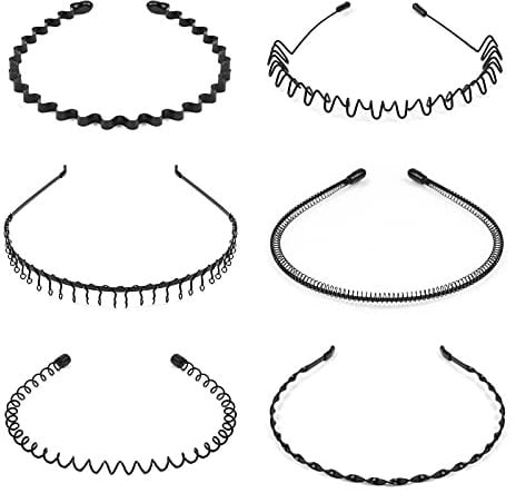 URAQT Metall Haarreifen Unisex, 6 Stück Spring Wave Haarband Multi-Style Stirnband Zubehör, Damen Herren Rutschfestes Elastisches Haarbänder Haarschmuck für Outdoor Sports Yoga, Schwarz