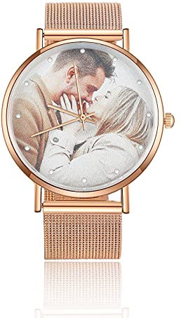 Lam Hub Fong Personalisiert Foto Armbanduhr für Damen mit Gravur Text Fashion Uhr Metallarmband Rosegold Schwarz Zifferblatt Wasserdicht Geburtstagsgeschenk für Mutter Freundin Familie (Roségold)