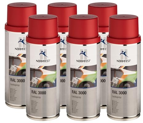 Normfest Lackspray RAL 3000 Feuerrot – seidenglänzender Nitro-Kombinationslack, hohe Deckkraft, kratzunempfindlich, witterungsbeständig, für Metall, Kunststoff, Holz und mehr, 6x 400 ml